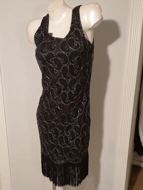 Vijiv Black Beaded Fringe Cocktail Dress